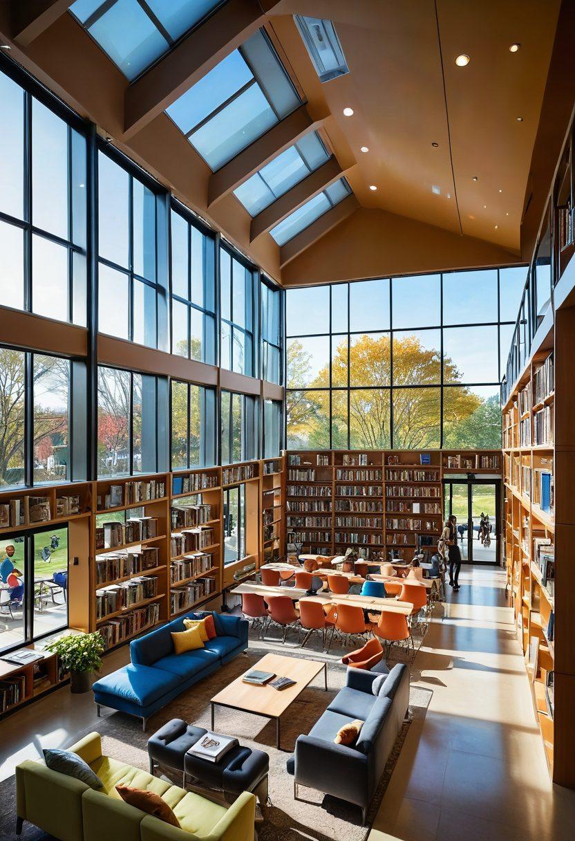 A vibrant and inviting interior of a local library showcasing diverse people engaging with various free services like digital books, community events, and study spaces. Include shelves filled with colorful books, a cozy reading nook, and digital screens displaying library resources. Sunlight streaming through large windows adds warmth to the scene. super-realistic. warm colors. inviting atmosphere.