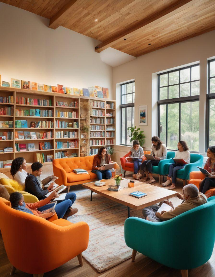 A diverse group of people of all ages gathered in a cozy library setting, actively engaged in reading and learning together, with colorful books surrounding them. Incorporate elements of technology like tablets and laptops to showcase modern learning methods, while displaying warmth and community spirit through smiles and collaboration. Bright, uplifting colors to create an inviting and inspiring atmosphere. super-realistic. vibrant colors. warm tones.