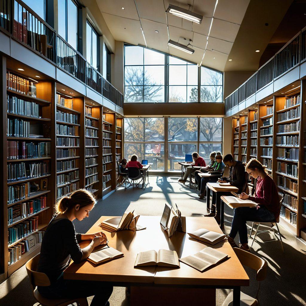 A cozy and inviting library interior filled with rows of books. Sunlight streaming through large windows, casting warm glows on readers immersed in books. A diverse group of people exploring digital resources on tablets and computers. Shelves adorned with colorful book covers and a community bulletin board promoting events. An open book in the foreground, symbolizing the journey of knowledge. super-realistic. vibrant colors. warm tones.